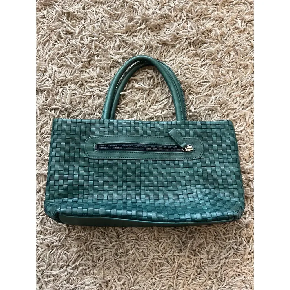 Vintage Green Woven Basket Style Leather Top Handle Zipper Tote Bag Handbag